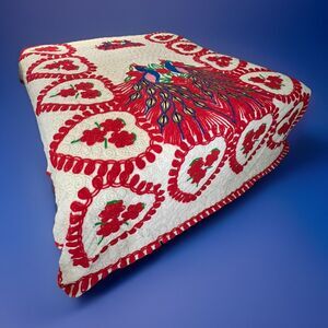 Vintage Chenille Bedspread Red Hearts Roses Floral Peacock King Size MCM 110X97”